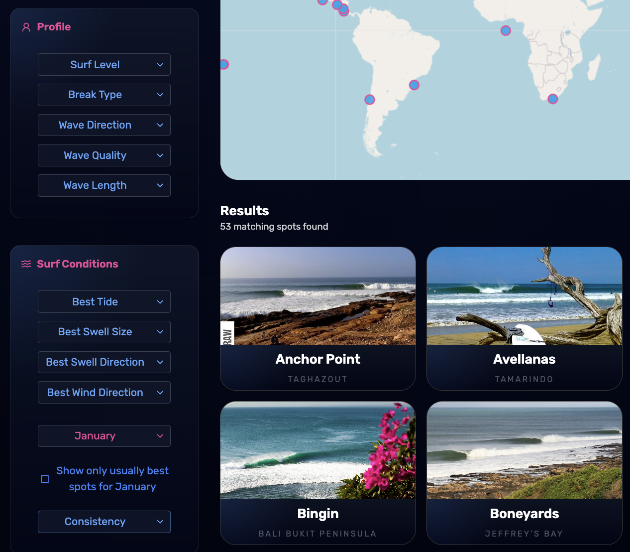 Surf spot filters in SurfQuest