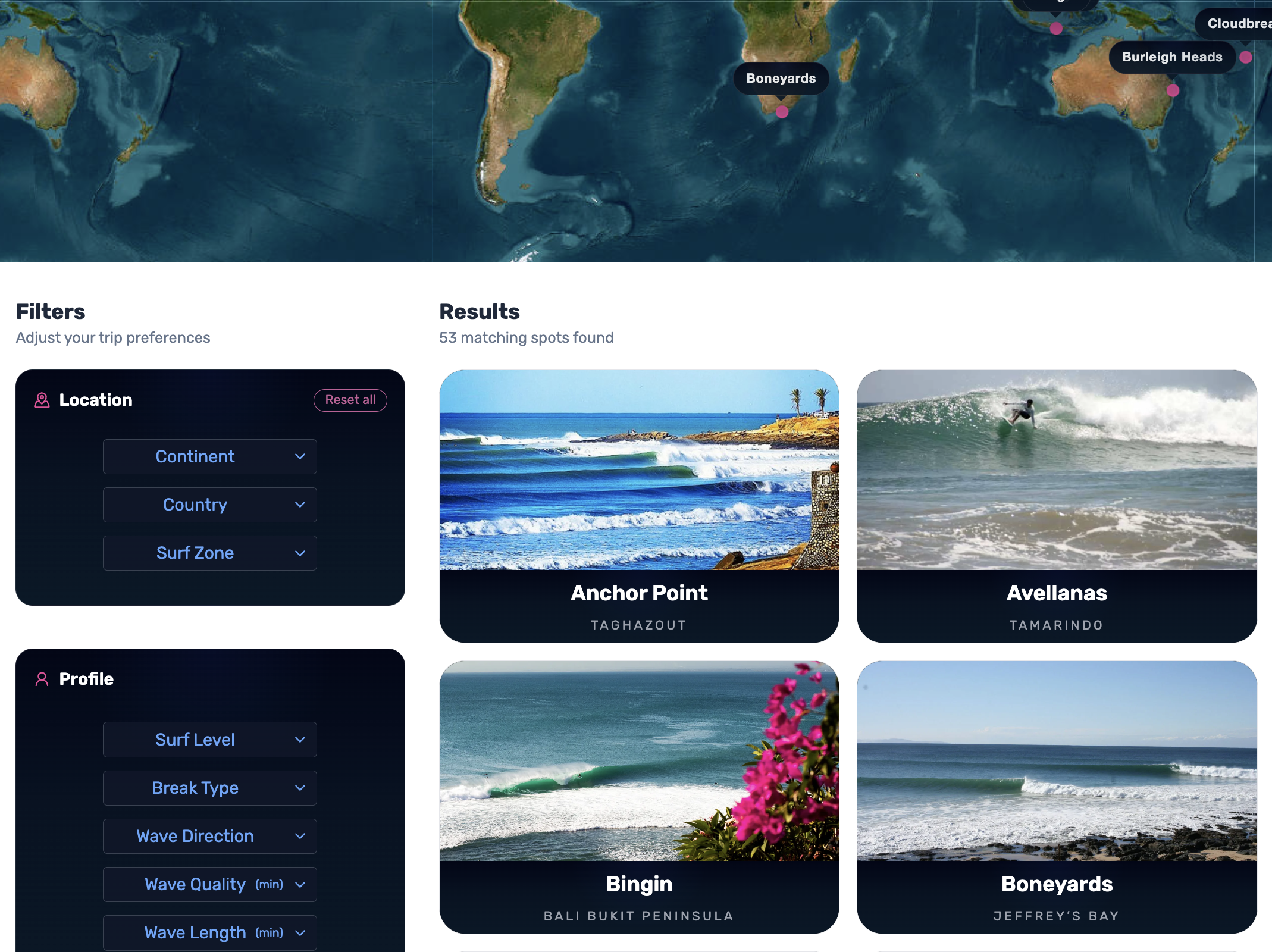 Surf spot filters in SurfQuest