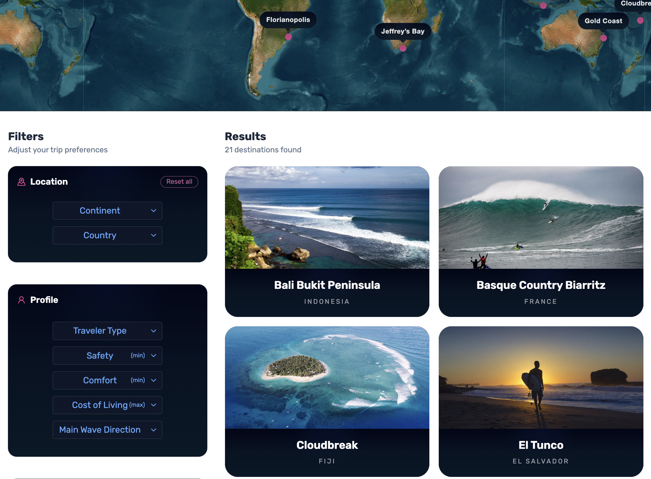 Destination filters in SurfQuest