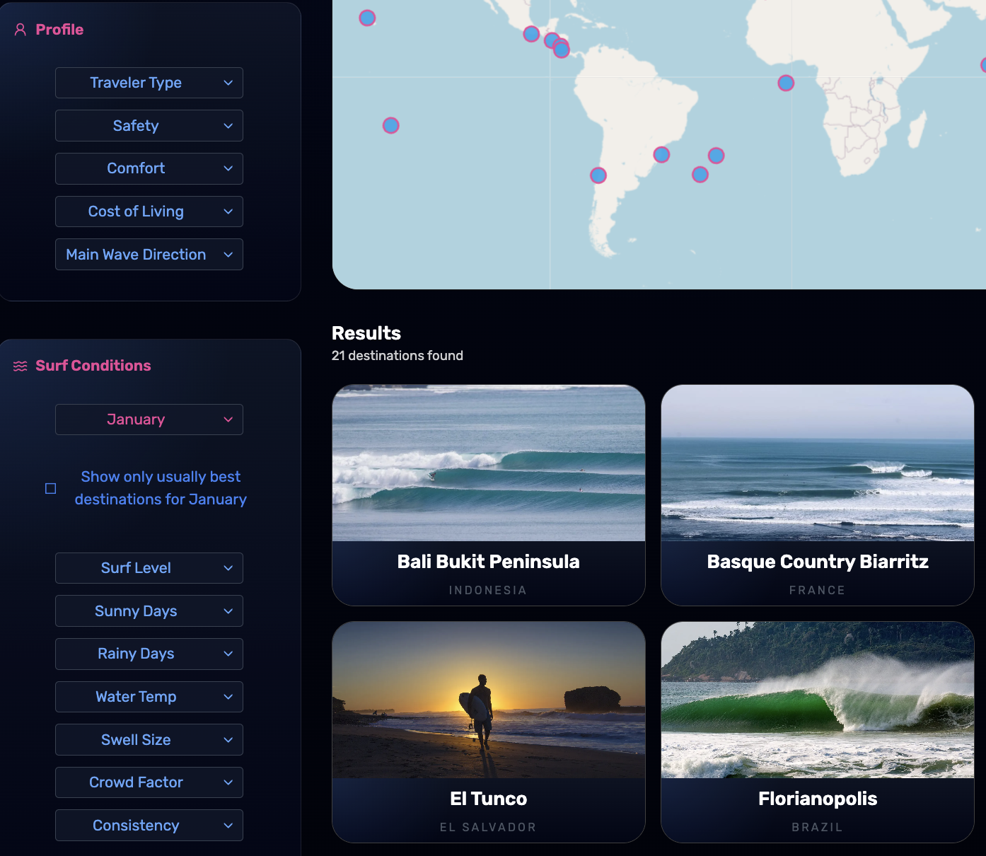 Destination filters in SurfQuest